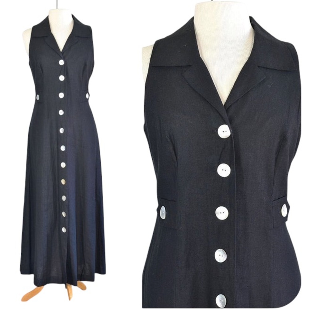90s Vintage Black Maxi Linen Blend Dress by Jessica